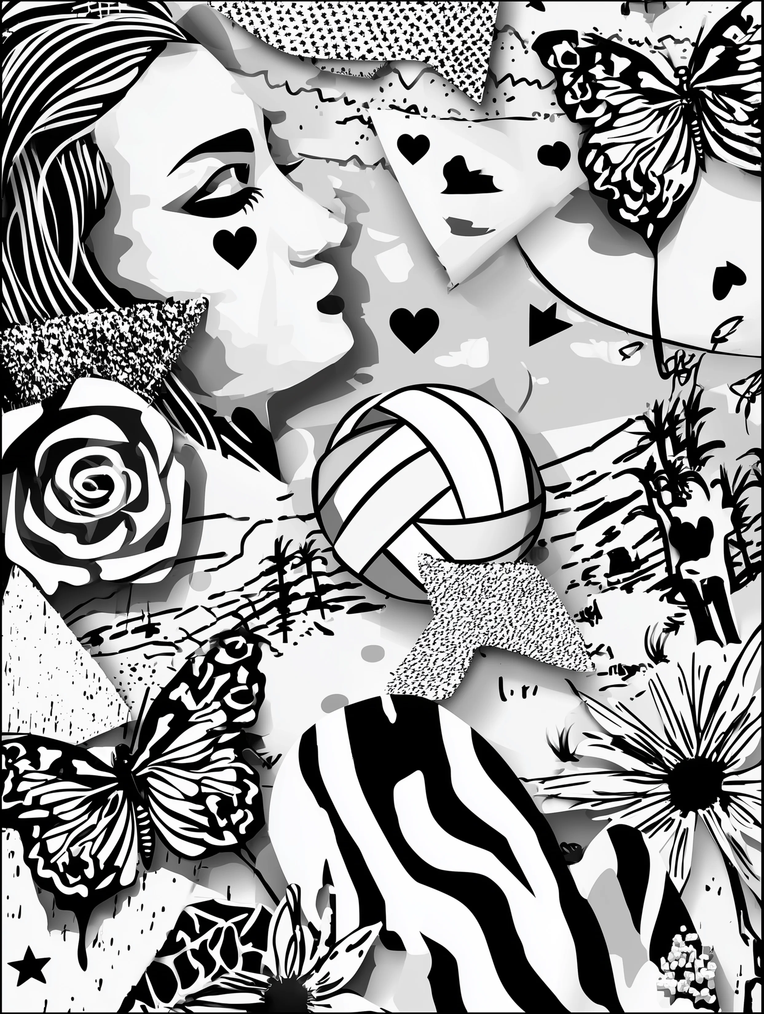 Free printable volleyball coloring page for adults featuring a cute jumble of volleyball imagery